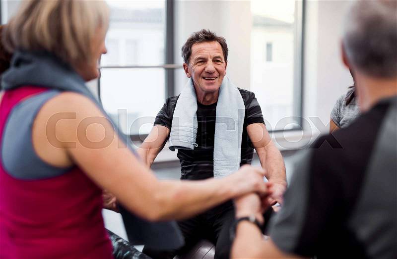 A group of cheerful seniors in gym resting after doing exercise on fit balls, holding hands and talking, stock photo