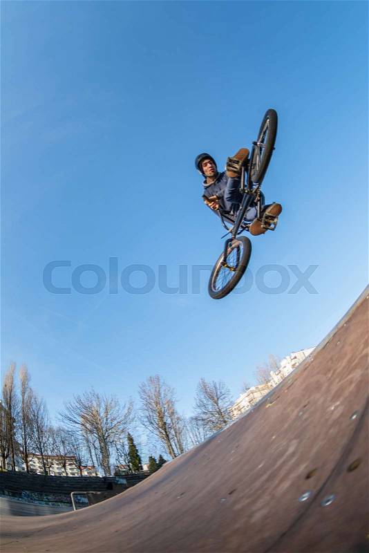 High BMX jump in a skate park, stock photo