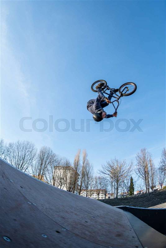 Bmx Back Flip on a skatepark, stock photo