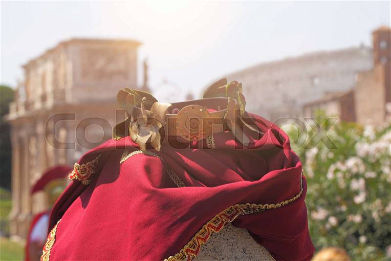 Roman warrior clothes on Rome ruins background. , stock photo