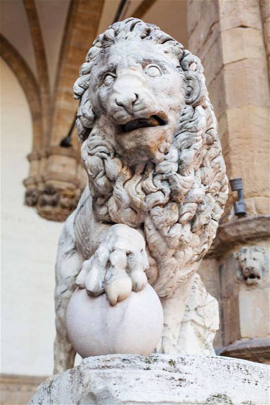 Florence lion statue at the Loggia dei Lanzi in Palazzo Vecchio, Florence. Lion Medici, Firenze landmarks, stock photo