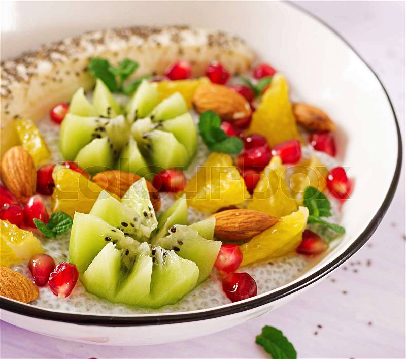 Fitness food. Delicious and healthy chia pudding with banana, kiwi and chia seeds. Healthy breakfast. Fitness food. Proper nutrition, stock photo