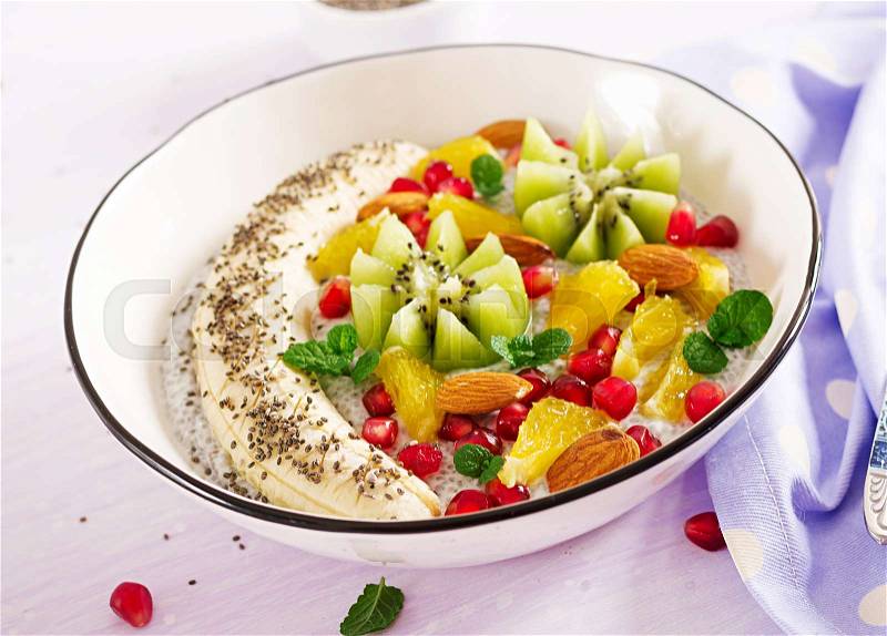 Fitness food. Delicious and healthy chia pudding with banana, kiwi and chia seeds. Healthy breakfast. Fitness food. Proper nutrition, stock photo