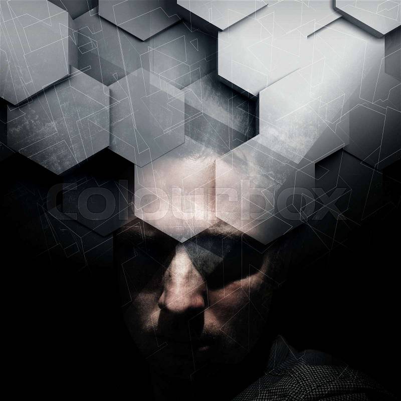 Dark portrait of young European man over black background with high-tech hexagonal pattern, stock photo