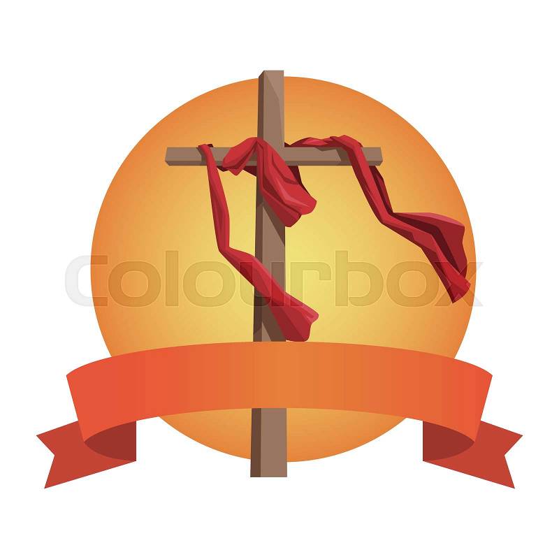 Cross with cloths catholic symbols round emblem ribbon banner vector illustration graphic design, vector
