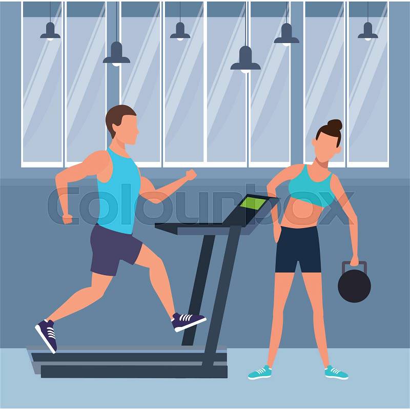 Fitness people training inside gym building scenery vector illustration graphic design, vector