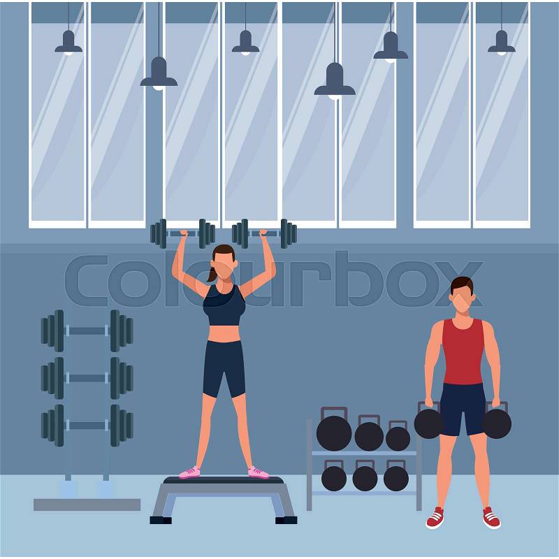 Fitness people training inside gym building scenery vector illustration graphic design, vector