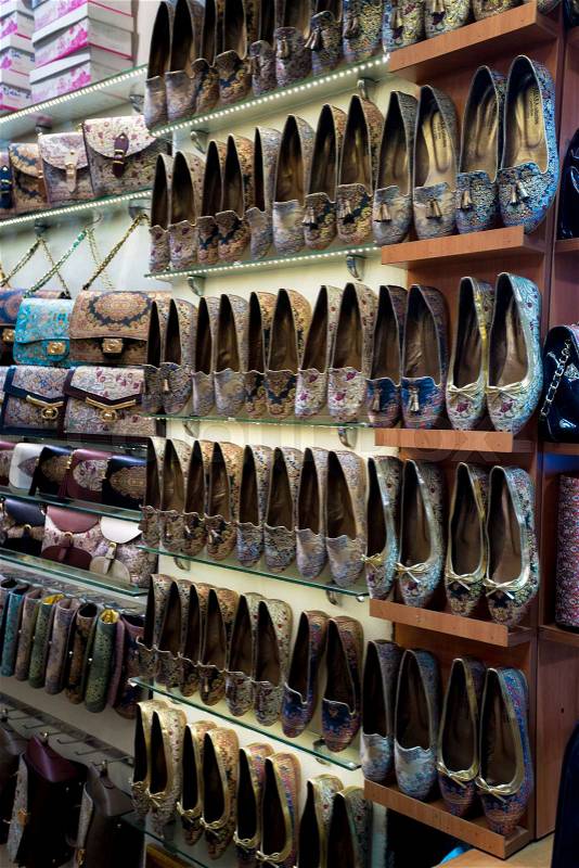 Traditional Turkish Babouche Slippers for sale at Grand Bazaar in Istanbul, Turkey, stock photo