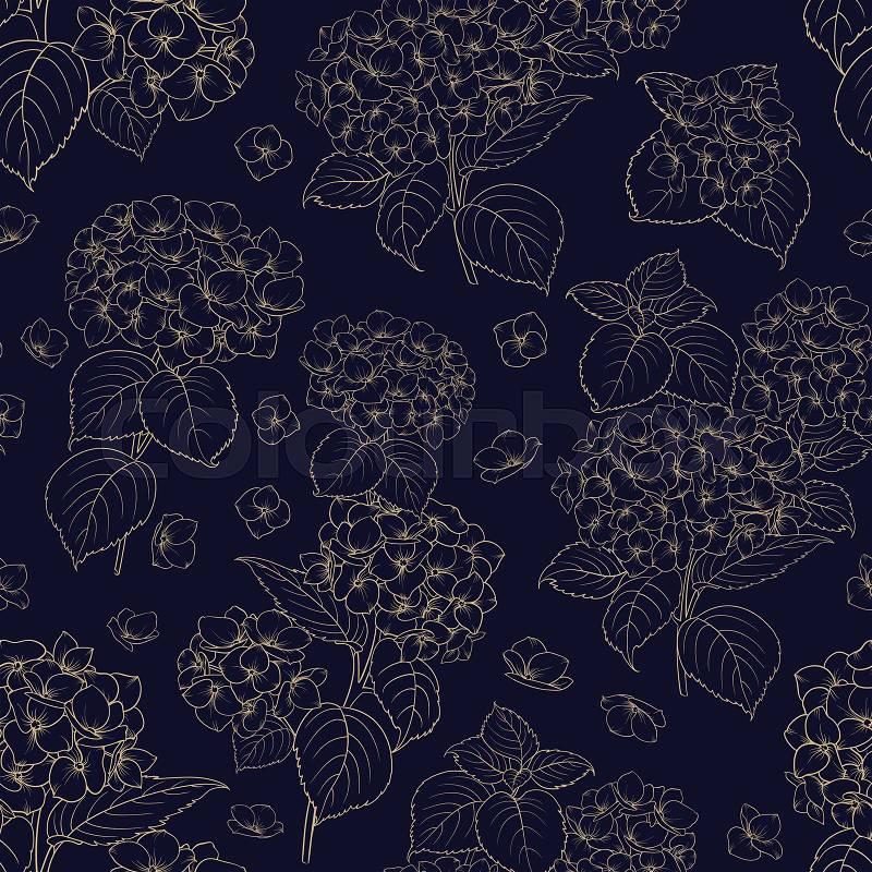 Blossom flower hydrangea on seamless pattern. Mop head hydrangea flower pattern. Beautiful blue flowers. Vector illustration, vector