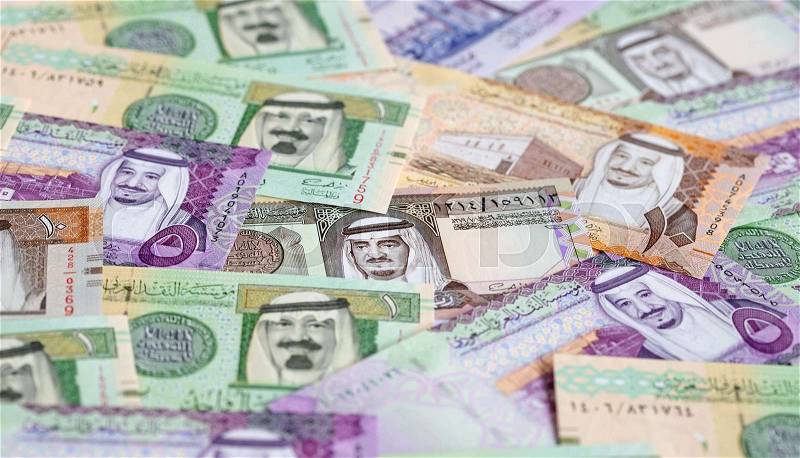 Collection of Saudi Arabia Riyal banknotes, stock photo