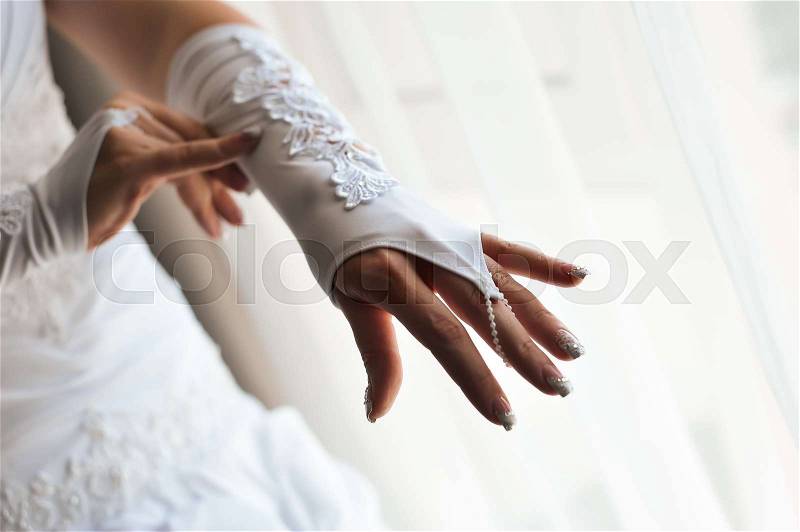Bride wedding details - wedding white dress for a wife, stock photo