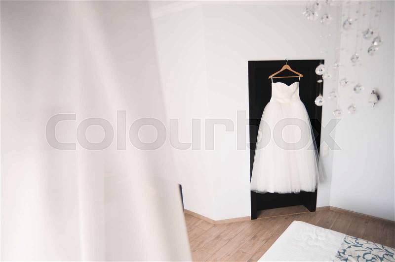 Bride wedding details - wedding white dress for a wife, stock photo