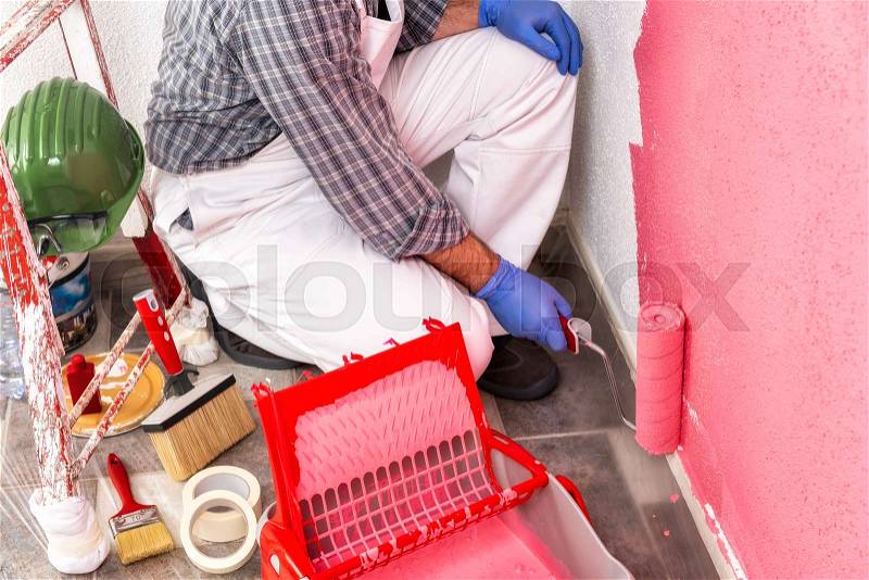 Caucasian house painter worker in white work overalls, with the roller he paints the wall with the colored painting of pink. Construction industry. Top view, stock photo