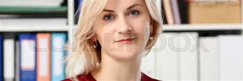 Normal blond woman portrait at office workplace concept, stock photo
