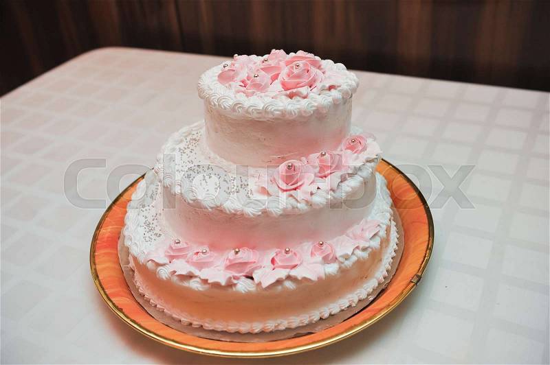Wedding details - tasty wedding cake dessert with decoration, stock photo