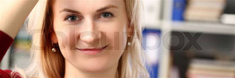 Normal blond woman portrait at office workplace concept, stock photo
