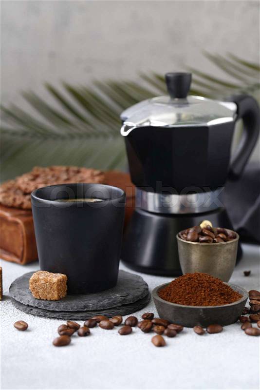 Still life of coffee, grains and ground, stock photo