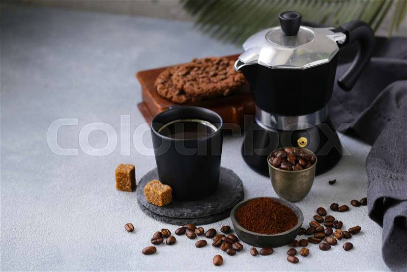 Still life of coffee, grains and ground, stock photo