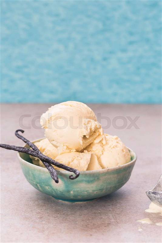 Vanilla bean ice cream in a ceramic rustic bowl. Selective focus, blank space, stock photo