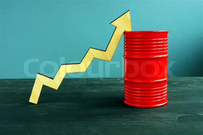 High price of oil. Barrel and rising arrow, stock photo