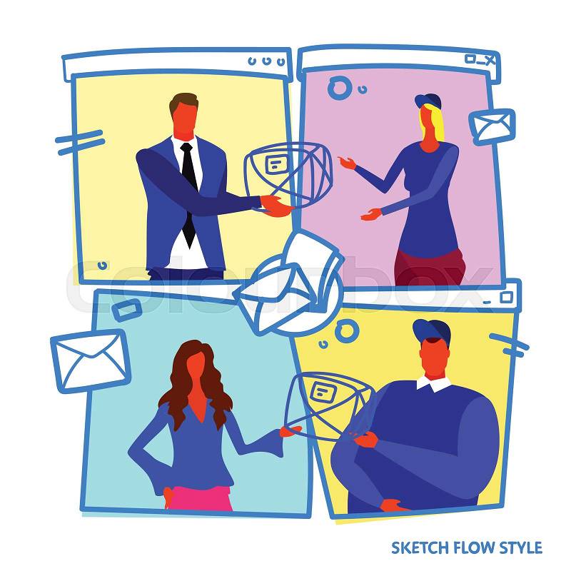 Business people man woman boss giving correspondence document package to postman company delivery shipping concept male female characters portrait sketch vector ..., vector