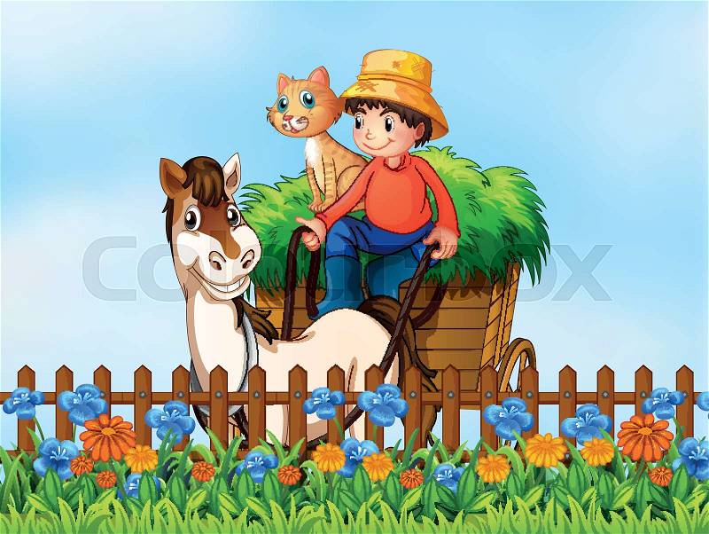 A farmer riding horse cart illustration, vector