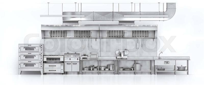 Industrial kitchen. Restaurant kitchen on a white backgrount. 3d illustration, stock photo