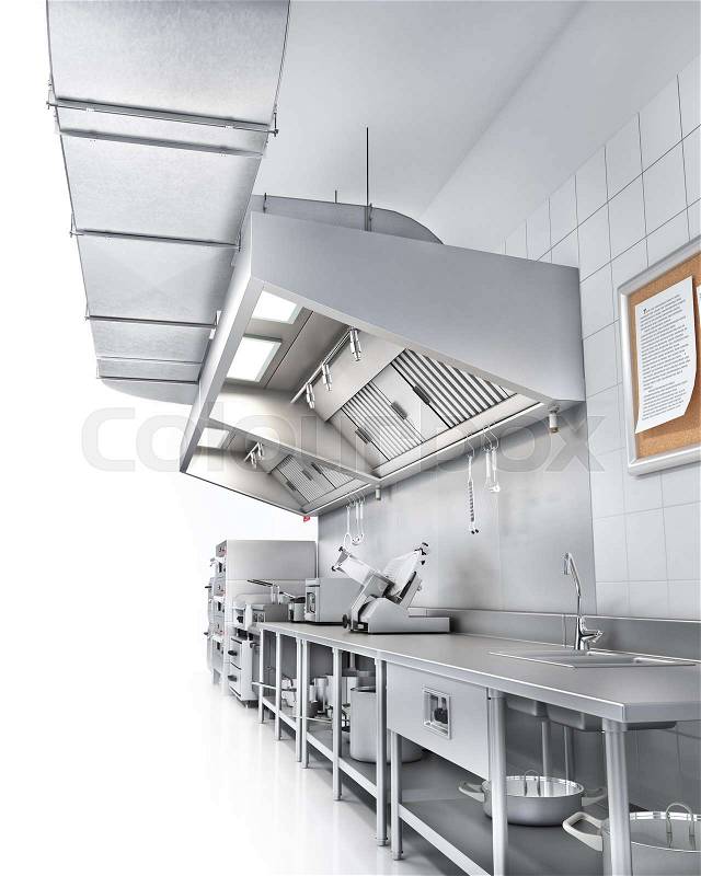 Industrial kitchen. Restaurant kitchen on a white backgrount. 3d illustration, stock photo