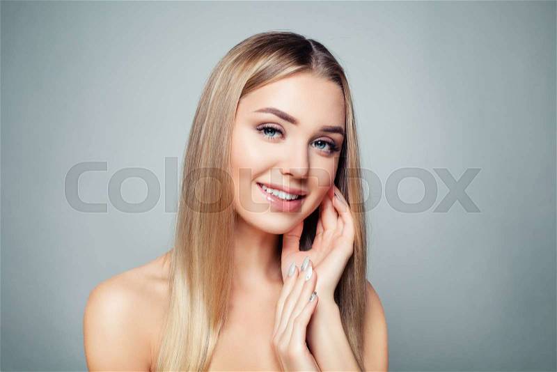 Happy young model woman face. Smiling girl portrait, stock photo