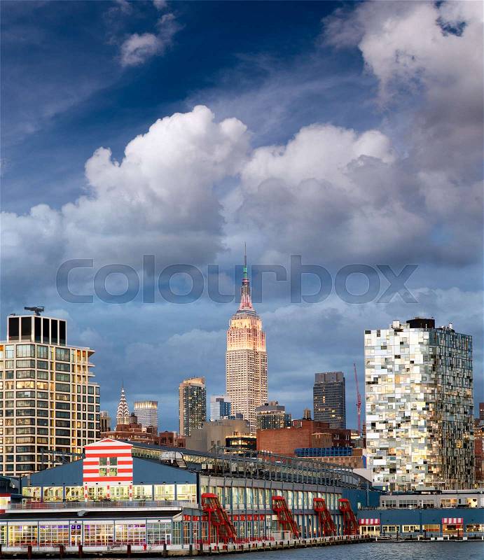 New York City with thunderstorm approaching - Manhattan skyline, stock photo