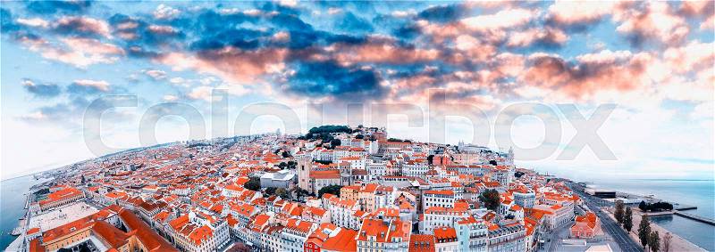 Panoramic sunset aerial view of Lisbon - Portugal, stock photo