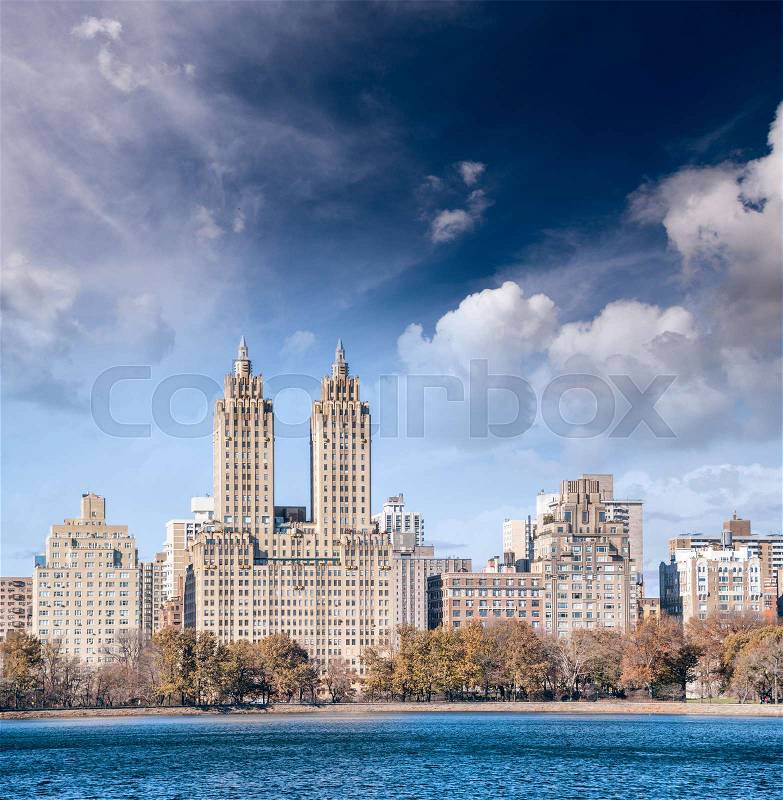 Buildings of Central Park West on a sunny winter morning, New York City, stock photo