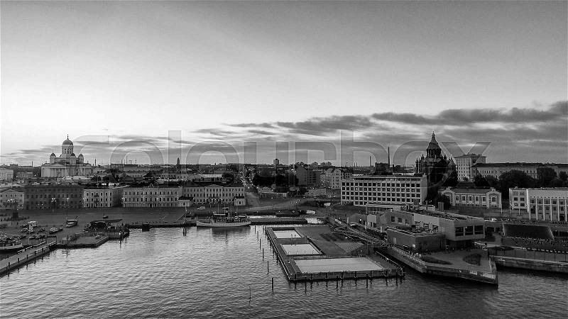 Sunset panoramic aerial view of Helsinki skyline from city port, Finland, stock photo
