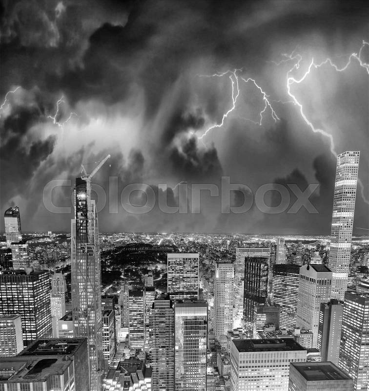 New York City with thunderstorm approaching - Manhattan skyline, stock photo