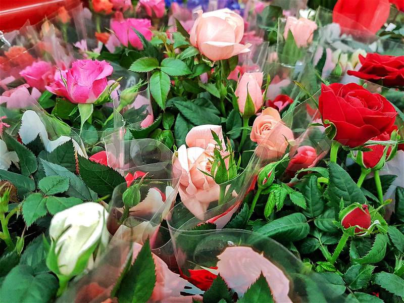 Many bouquets of beautiful roses for sale in the florists shop, stock photo