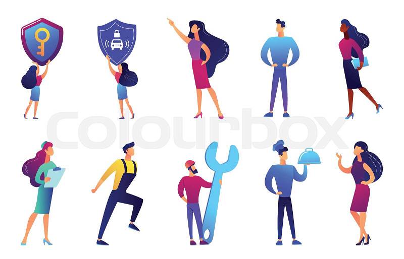 Professions and business people vector illustrations set. Tiny people worker and technician, nurse and teacher, cook and mechanic concept. Vector illustrations set ..., vector