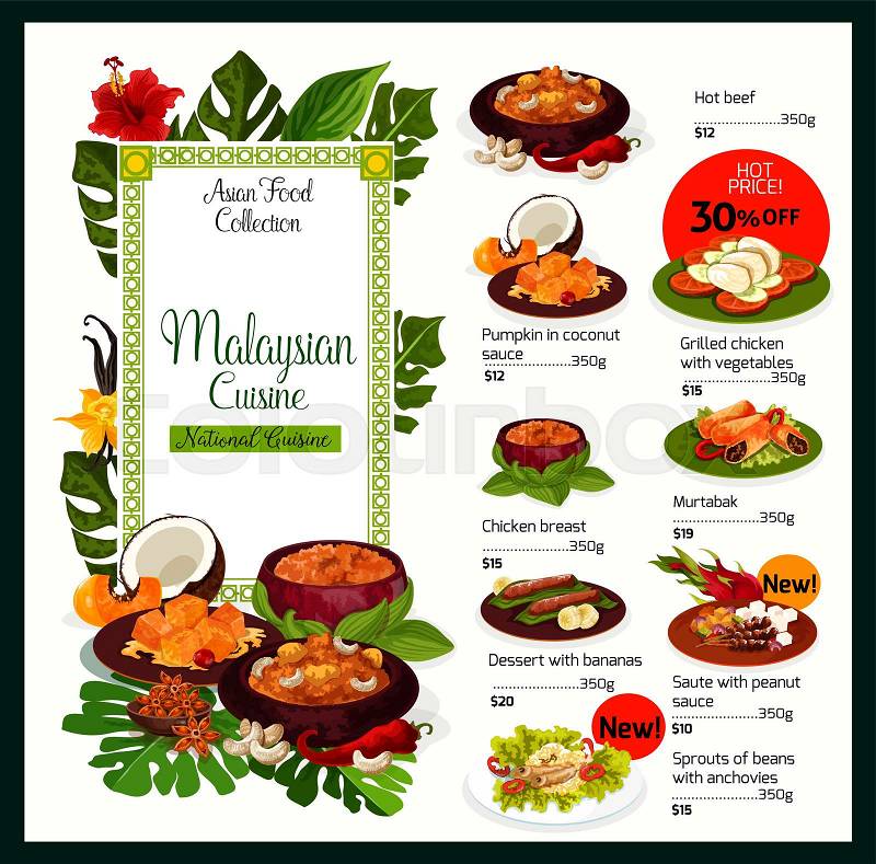 Malaysian cuisine traditional dishes menu. Vector Malaysia food of hot beef, pumpkin in coconut sauce or grilled chicken breast with vegetables and murtabak, bananas ..., vector