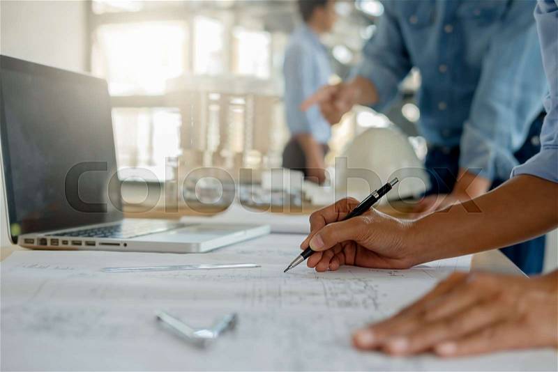 Architect Engineer Design Working on Blueprint Planning Concept. Construction Concept, stock photo
