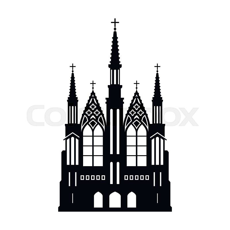 Black silhouette of gothic church. Isolated drawing of cathedral build. Fantasy architecture. European medieval landmark. Design element. Vector illustration, vector