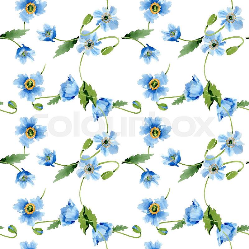 Blue poppy floral botanical flower. Wild spring leaf isolated. Watercolor illustration set. Watercolour drawing fashion aquarelle. Seamless background pattern. ..., stock photo
