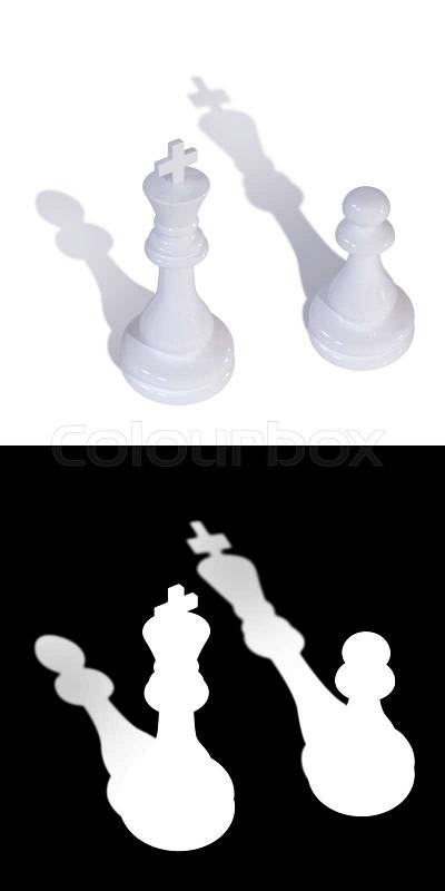 3D illustration of two chess pieces of a king and a pawn with inverted shadows. A mask is also attached to the illustration to quickly and easily select chess pieces ..., stock photo