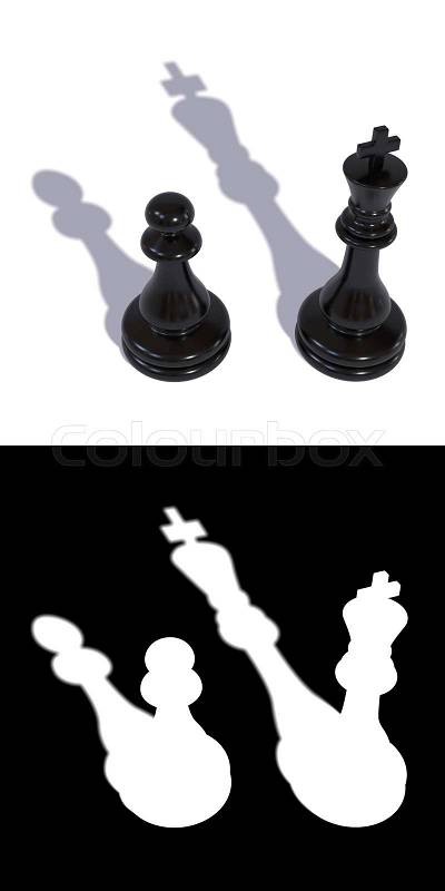3D illustration of two chess pieces of a king and a pawn. A mask is also attached to the illustration to quickly and easily select chess pieces with it shadows if ..., stock photo