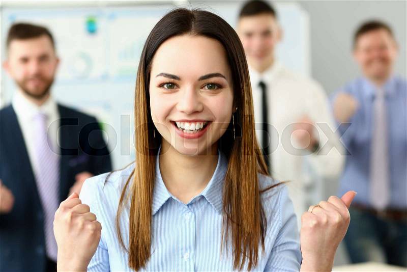 Smiling beauty businesswoman office portrait standing on group business peoples background. Demonstrates joy winning end reporting period education completion ..., stock photo