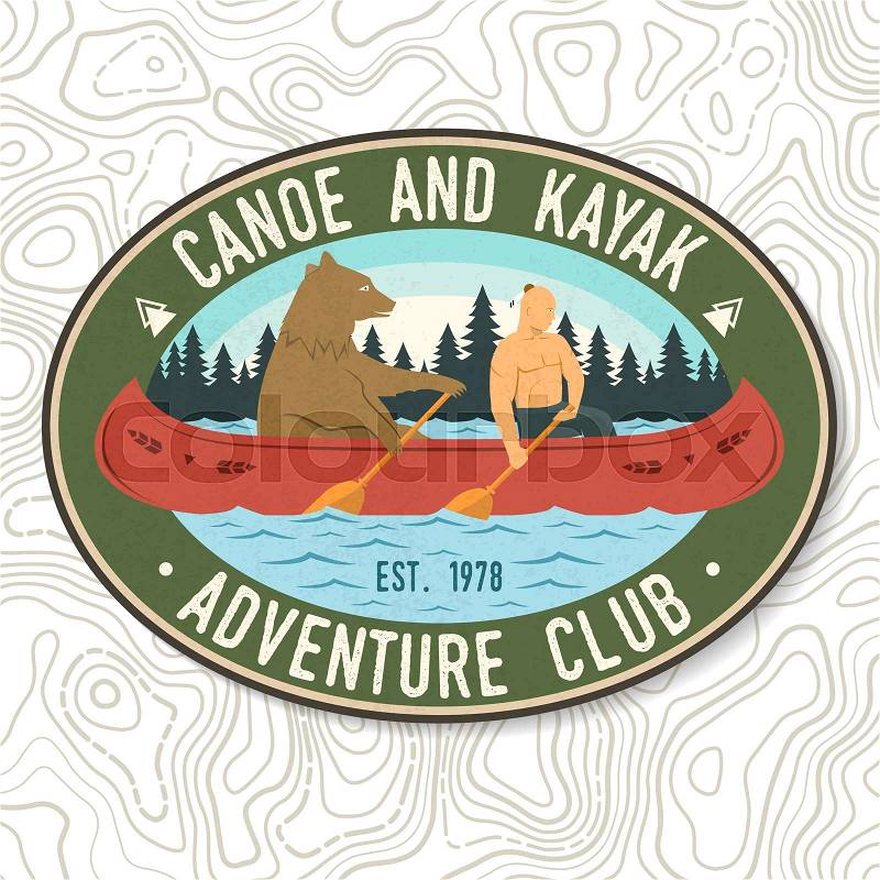 Canoe and Kayak club. Vector. Concept for shirt, print, stamp or tee. Vintage typography design with kayaker and bear silhouette. Extreme water sport. Outdoor ..., vector