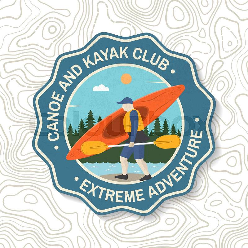 Canoe and kayak club badge. Vector Concept for shirt, patch, stamp or tee. Vintage typography design with kayaker silhouette. Extreme water sport. Outdoor adventure ..., vector