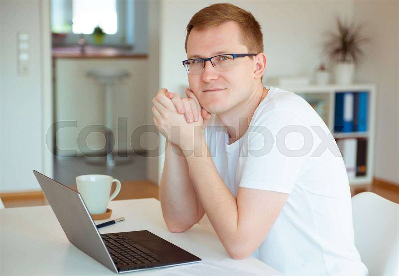 Portrait of young handsome man works at home with his laptop, stock photo