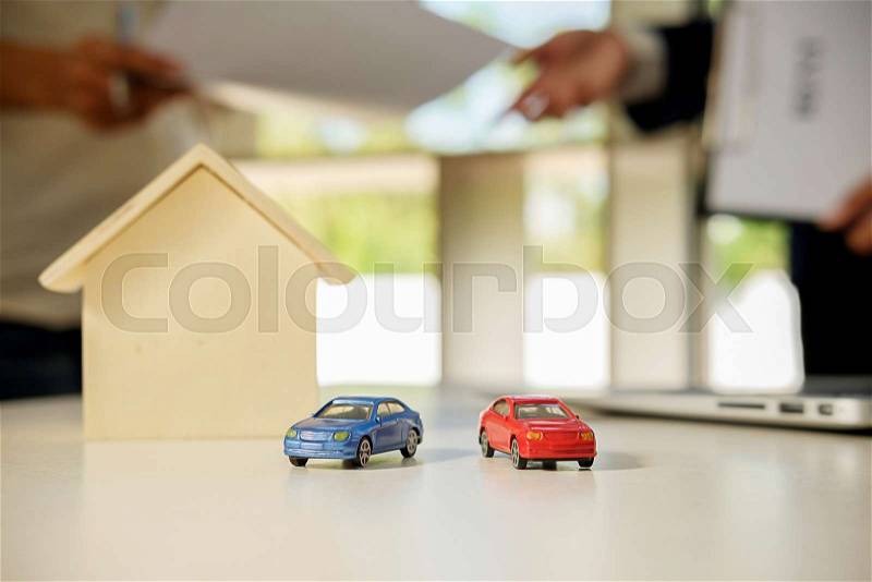 Real estate broker residential house and car rent listing contract, stock photo