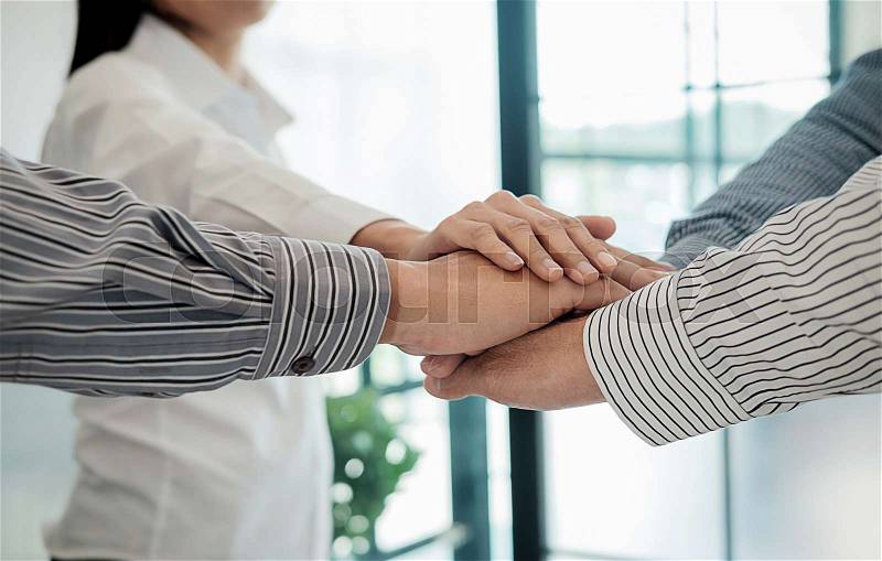 Teamwork Join Hands Support Together Concept. Business Team Coworker Brainstorming Meeting Concept, stock photo