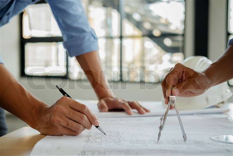 Architect Engineer Design Working on Blueprint Planning Concept. Construction Concept, stock photo