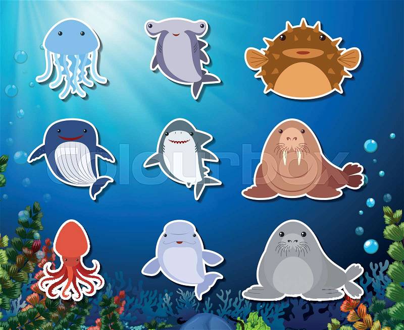Set of underwater animals sticker illustration, vector